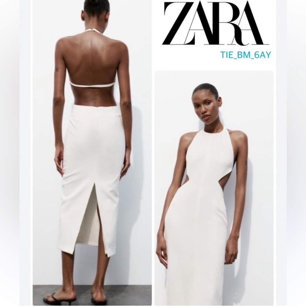 Zara White Halter Neck Sheath Dress with Slit